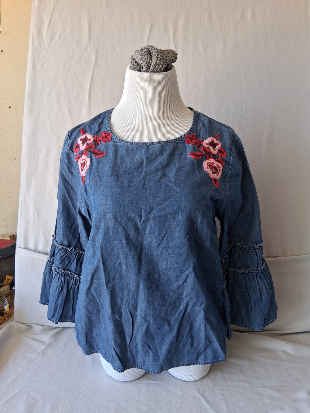 Express Blue Chambray Embroidered Bell-Sleeve Top : Size Medium